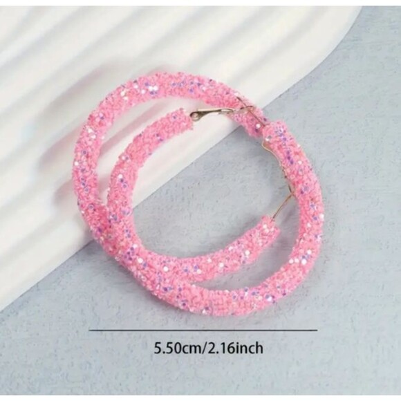 Candy Pink Sequin Hoop Earrings Hoops - Picture 5 of 9